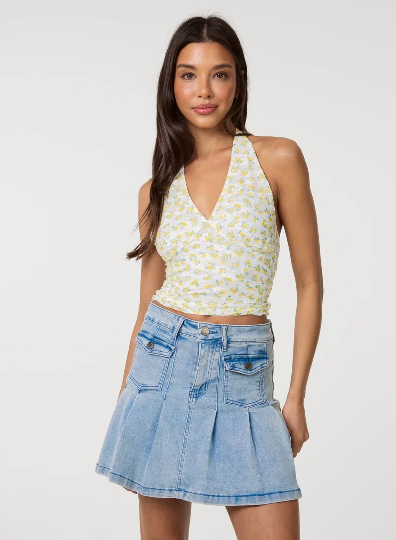 بينك فانيلا Lemon Printed Lace Halter Neck Top