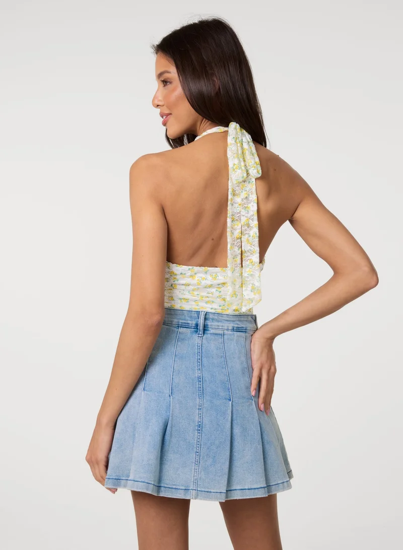 بينك فانيلا Lemon Printed Lace Halter Neck Top