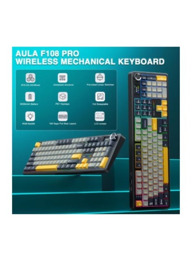 AULA F108 PRO - Wireless Mechanical Keyboard with Screen & Knob, Full Size Keyboard with 8000mAh Battery, Pre-lubed Reaper Switch, Side Printed PBT Keycaps, RGB Backlit Hot Swappable Custom Gaming Keyboards - Image 2
