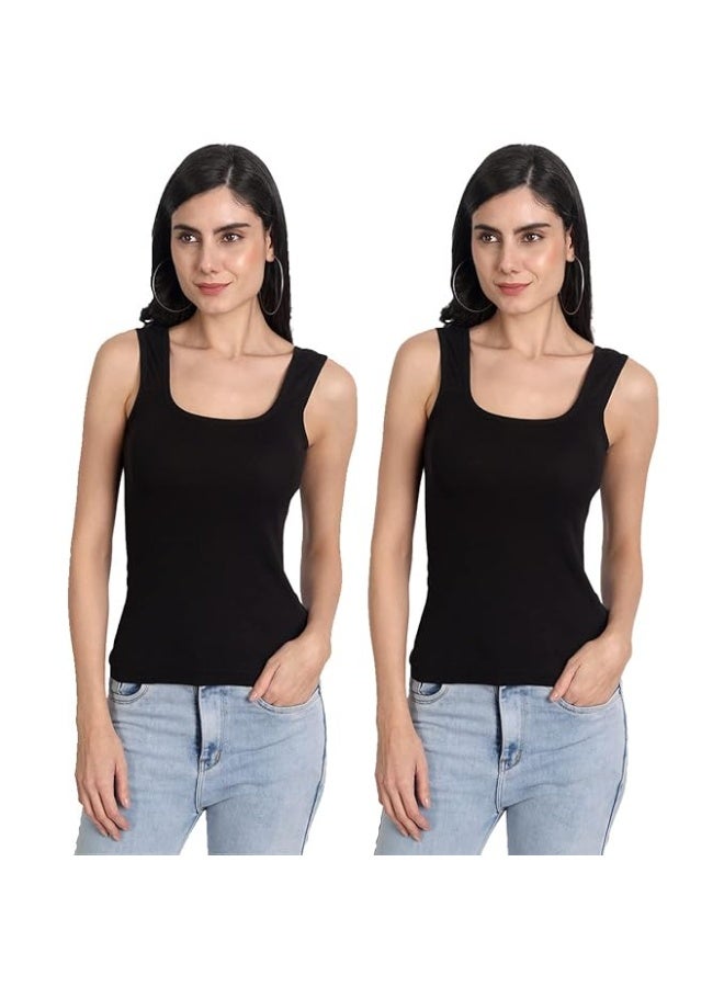 Aimly Women's Cotton Sleeveless Black Camisole Slip Spaghetti (Pack of 2) in Black Color - Image 1
