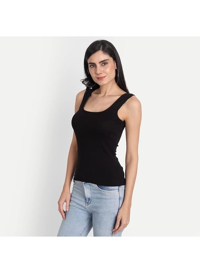 Aimly Women's Cotton Sleeveless Black Camisole Slip Spaghetti (Pack of 2) in Black Color - Image 3