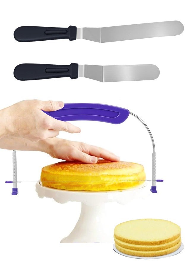 PROKITCHEN 1PCS Purple Adjustable Food Grade Stainless Steel Cake Cutter Slicer Leveler with 2PCS Offset Spatula, Icing Spatulas, 6 and 8 inch, Professional Angled Cake Spatula for Kitchen or Bakery - Image 1