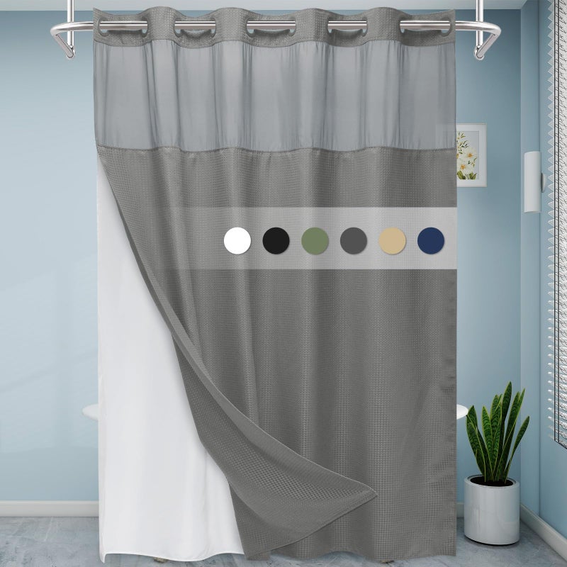 Eutxl Gray Startain Long Shower Set ومجموعة بطانة - 230gsm Waffle Waeave محكم الفندق الثقيل بالفندق الفاخر الستار الحمام 71W × 86H - Image 1