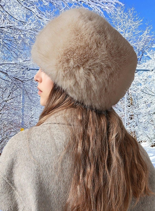 FEOYA Ladies Faux Fur Bucket Hat Fluffy Winter Warm Hat Soft Fisherman Hats Fashion Fuzzy Bucket Hats Khaki - Image 2