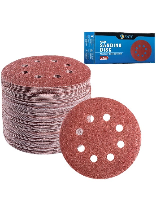72 PCS 5 Inch 8 Hole Hook and Loop Adhesive Sanding Discs Sandpaper for Random Orbital Sander 40 60 80 120 180 240 320 Grits  - Image 1