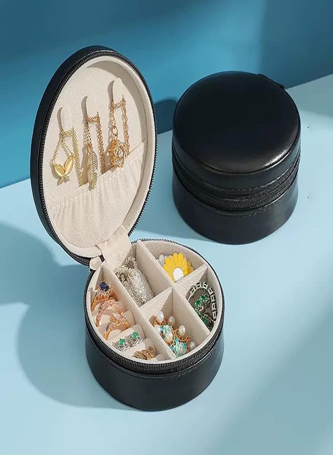 OffyBird PU Leather Travel Jewelry Box - Mini Portable Organizer with Zipper Lock, Small Storage Box for Ring, Earrings, Necklaces, Gifts for Women & Girls (Round, Black) - Image 1