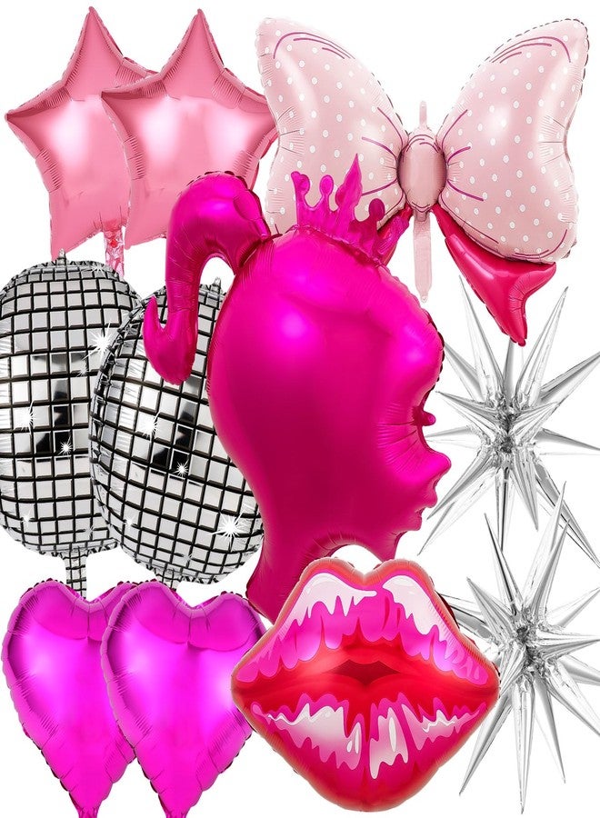 HFKPJRT 11 Pcs Hot Pink Princess Foil Balloons, Disco Ball Balloon, Girl Head Balloons, Pink and Silver Balloon for Box Photo Booth Backdrop, Birthday, Baby Shower, Bachelorette Theme Party Decorations - Image 1
