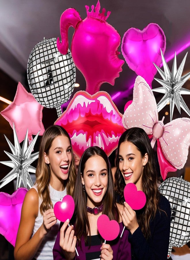HFKPJRT 11 Pcs Hot Pink Princess Foil Balloons, Disco Ball Balloon, Girl Head Balloons, Pink and Silver Balloon for Box Photo Booth Backdrop, Birthday, Baby Shower, Bachelorette Theme Party Decorations - Image 4