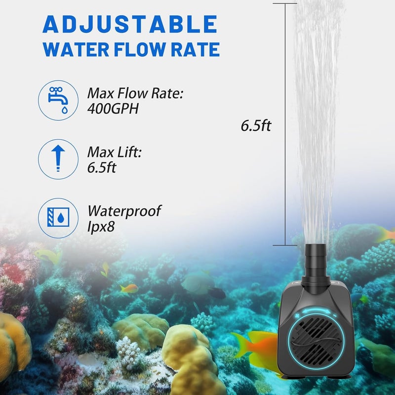 Knifel 400GPH Submersible Water Pump(1500L/H,25W),Ultra Quiet Fountain Pump with 6.5ft High Lift, Pond Pump for Fish Tank, Pond, Aquarium, Statuary, Hydroponics - Image 2