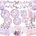 LINHAXM Butterfly Birthday Decorations Girls Birthday Supplies Plates Napkins Cups Cutlery Cake Cupcake Toppers Banner Hanging Swirls Tablecloth Balloons for Butterfly Party Decorations Serve 20 - Image 3