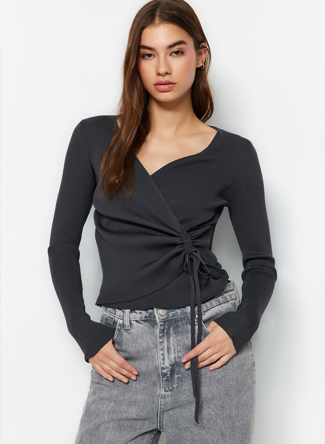 trendyol Anthracite Double Breasted Gather Detailed Knitwear Sweater TWOAW23KZ00828 - Image 4
