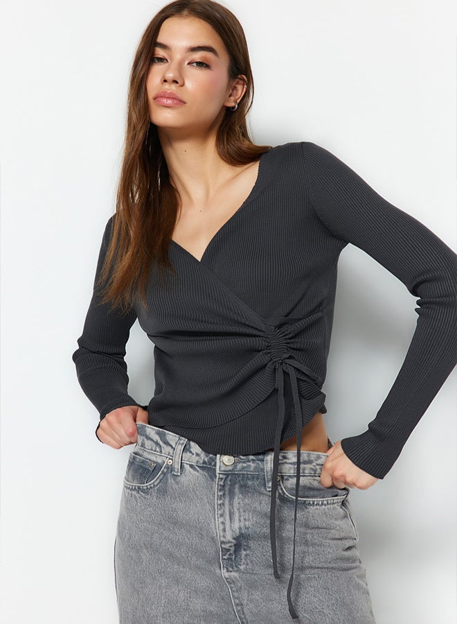 trendyol Anthracite Double Breasted Gather Detailed Knitwear Sweater TWOAW23KZ00828 - Image 1