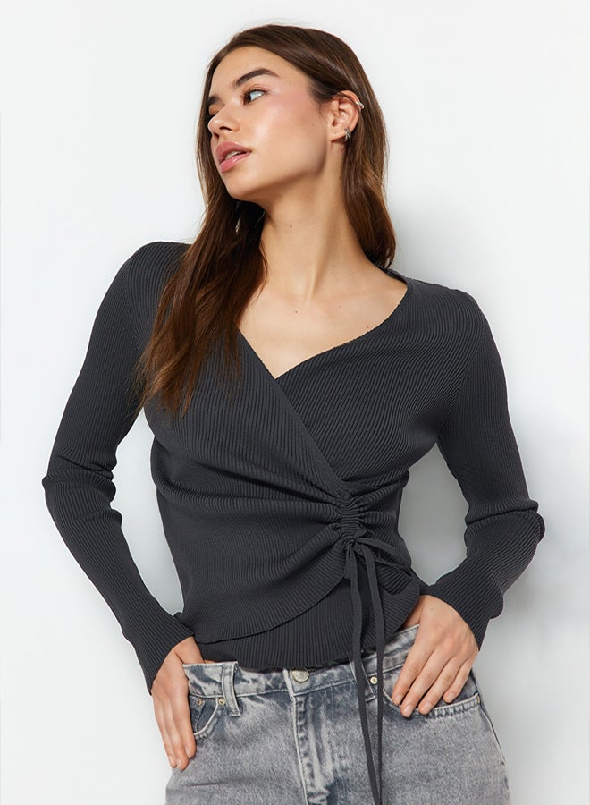 trendyol Anthracite Double Breasted Gather Detailed Knitwear Sweater TWOAW23KZ00828 - Image 2