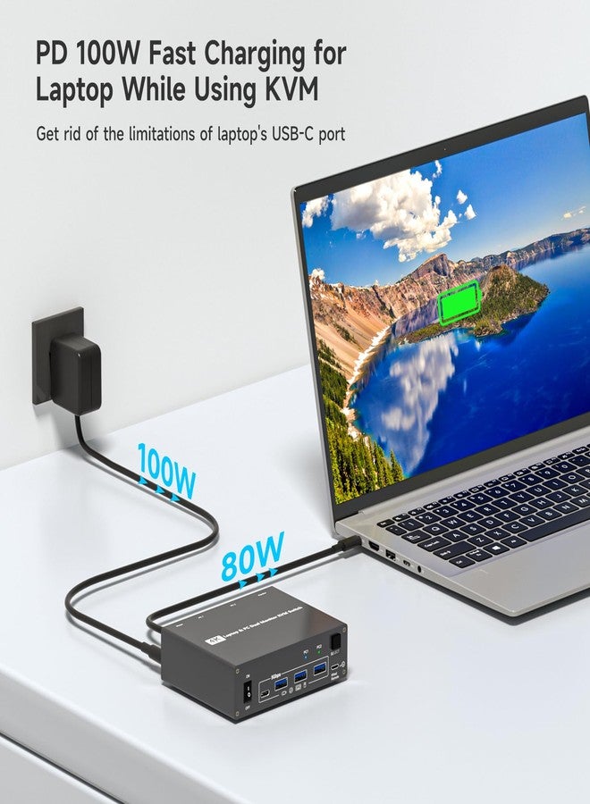 DXchip 4K USB Type-C Docking KVM Switch Laptop& Desktop 2 Monitors 2 Computers USB-C & Dual HDMI 4K@60Hz Dual Monitor KVM Switches for MAC & PC, PD 100W Charging, with Type-C 3.1 Gen 2 Cable & Wired Remote - Image 4