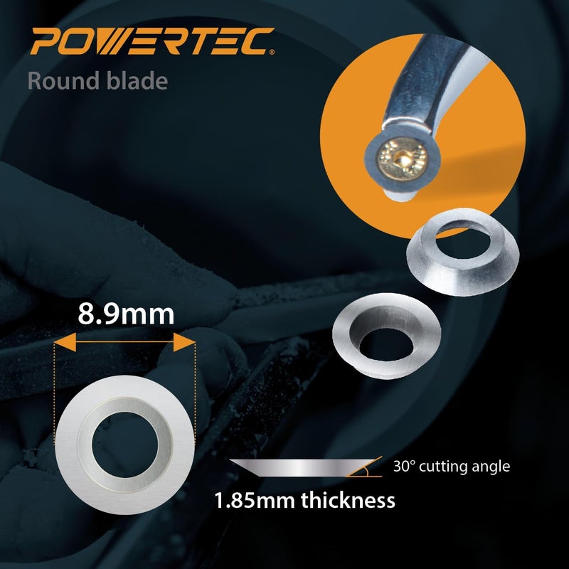 POWERTEC 6 Pcs Tungsten Carbide Cutter Insert Set for Wood Lathe Tools with 8.9mm Round, Blade Replacement for 71827 Lathe Tool Set (71831) - Image 3