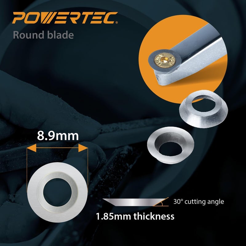 POWERTEC 6 Pcs Tungsten Carbide Cutter Insert Set for Wood Lathe Tools with 8.9mm Round, Blade Replacement for 71827 Lathe Tool Set (71831) - Image 2