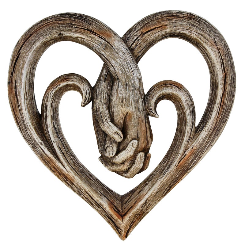 Top Brass Heart Holding Hands Wall Decor Decorative Art Sculpture Faux Wood Finish Forever Love