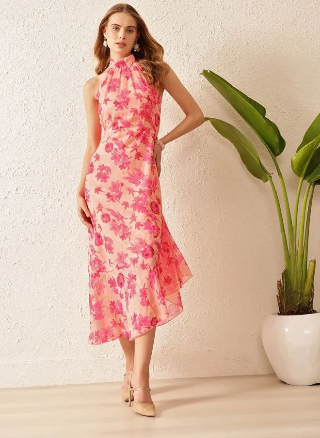 STREET 9 Floral Printed Halter Neck A-Line Midi Dress for Women