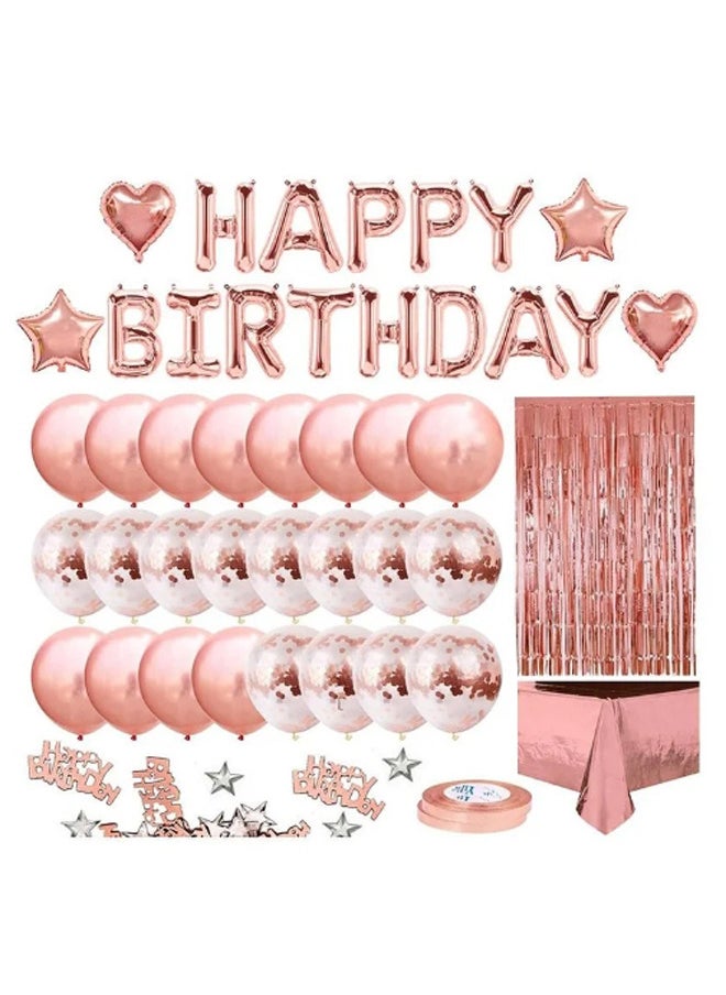 Zeemey Rose Gold Birthday Party Decoration Balloon Arch Garland Set with Happy Birthday Balloon Banner, Foil Balloon, Fringe Curtain, Tablecloth and Ribbon  - Image 1
