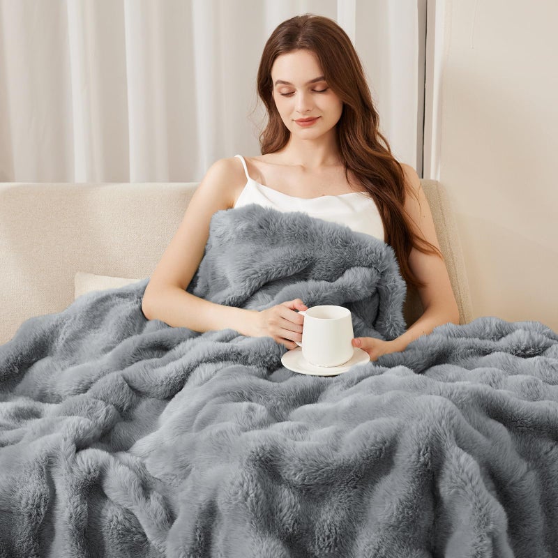 Admitrack Faux Rabbit Fur Throw Blanket for Couch  Fluffy Warm Plush Thick Bubble Blanket for Bed Sofa Living Room  Soft Cozy Furry Blanket  50x60 inches  Gray - Image 3