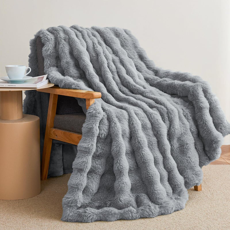 Admitrack Faux Rabbit Fur Throw Blanket for Couch  Fluffy Warm Plush Thick Bubble Blanket for Bed Sofa Living Room  Soft Cozy Furry Blanket  50x60 inches  Gray - Image 1