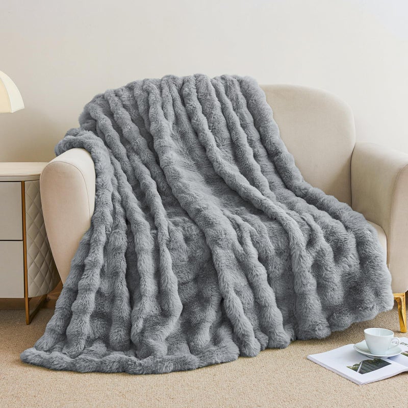 Admitrack Faux Rabbit Fur Throw Blanket for Couch  Fluffy Warm Plush Thick Bubble Blanket for Bed Sofa Living Room  Soft Cozy Furry Blanket  50x60 inches  Gray - Image 5