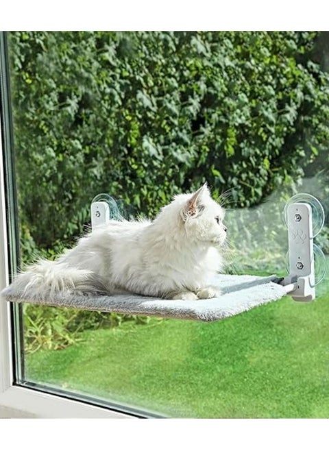 Cat Hammock Bed, Cat Window Perch : Foldable Cordless Cat Hammock with 4 Strong Suction Cups Solid Metal Frame Soft Plush Pad for Cats Sunbathing Napping Overlooking (White 52 * 32 * 20cm)