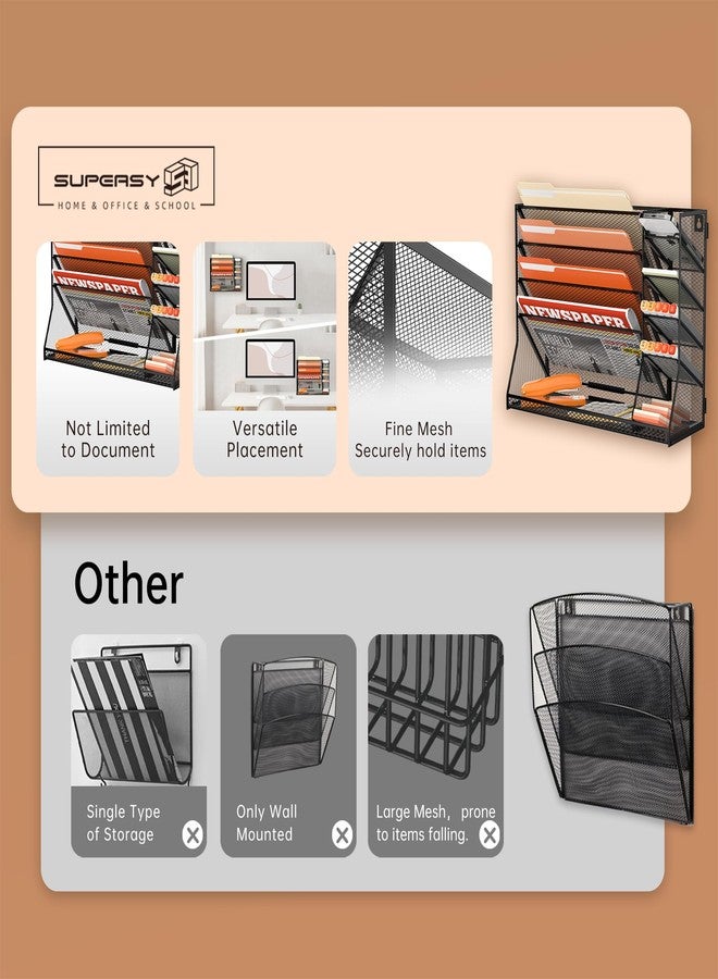 SUPEASY Wall File Organizer, 5-Tier office wall organizer with 4 Pen Holders, Wall Organizer for Office with R-shaped Bottom Tray, Metal Desk Organizer for Office, School, Home, Black - Image 3