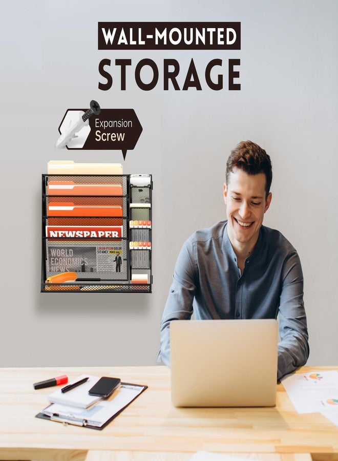 SUPEASY Wall File Organizer, 5-Tier office wall organizer with 4 Pen Holders, Wall Organizer for Office with R-shaped Bottom Tray, Metal Desk Organizer for Office, School, Home, Black - Image 2