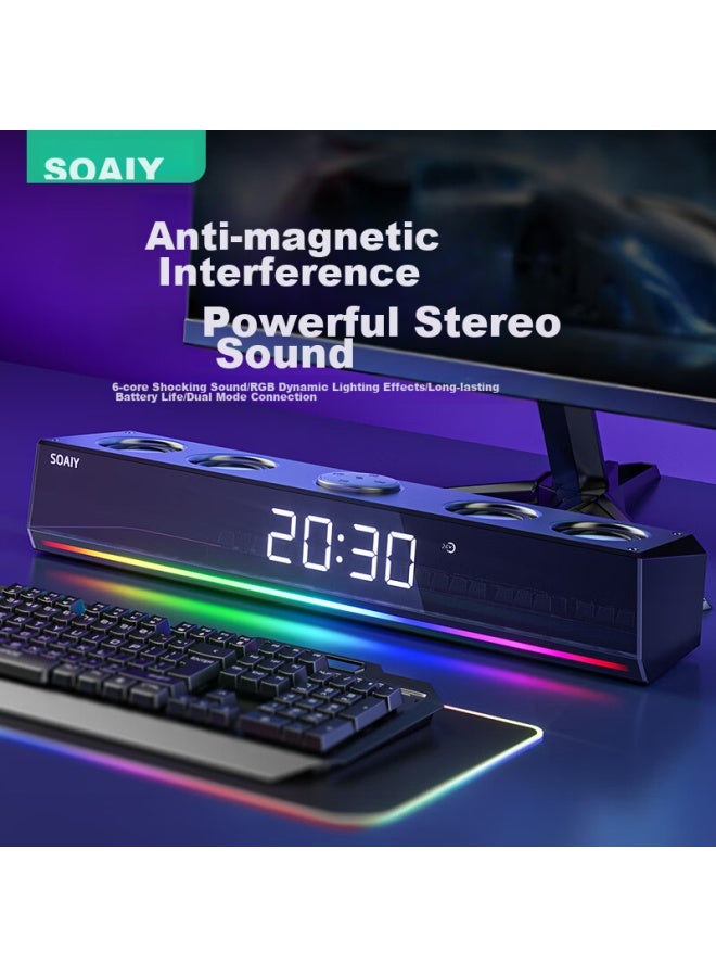 SOAIY Computer Speakers Sh18 Bluetooth Long Bar Speaker For Home Desktop Low-frequency Subwoofer, Clock Multimedia Desktop Laptop Usb Mini Small Steel Cannon, Clock Version White - Image 3