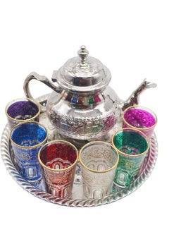 Complete Moroccan Tea Set Teapot 750 ml Typical Tray 32 cm Plus 6 Colored Crystal Glasses