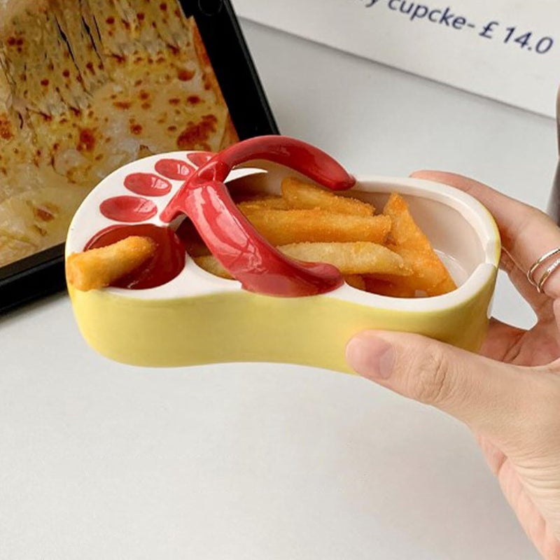 GLOGLOW Cute Ceramic French Fries Plate Unique Slipper Shape Fries Dish Snack Chip Plate Ketchup Sauce Bowl for Home Decoration Coffee Shops - Image 2