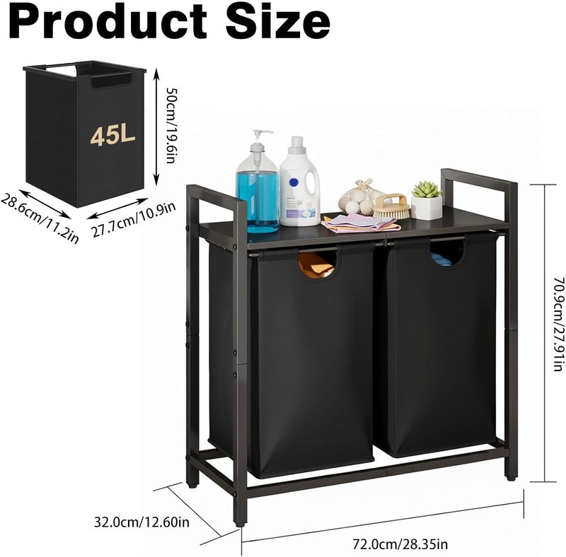 LEEWAS Laundry Basket Clothes Hamper,45L,2 Sections Clothe Sorter Bin,Foldable Waterproof Organizer Bag with Large Top Shelf,Aluminum Frame,for Bathroom Washroom Bedroom,Black - Image 5