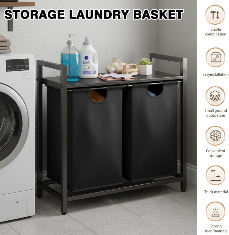 LEEWAS Laundry Basket Clothes Hamper,45L,2 Sections Clothe Sorter Bin,Foldable Waterproof Organizer Bag with Large Top Shelf,Aluminum Frame,for Bathroom Washroom Bedroom,Black - Image 2