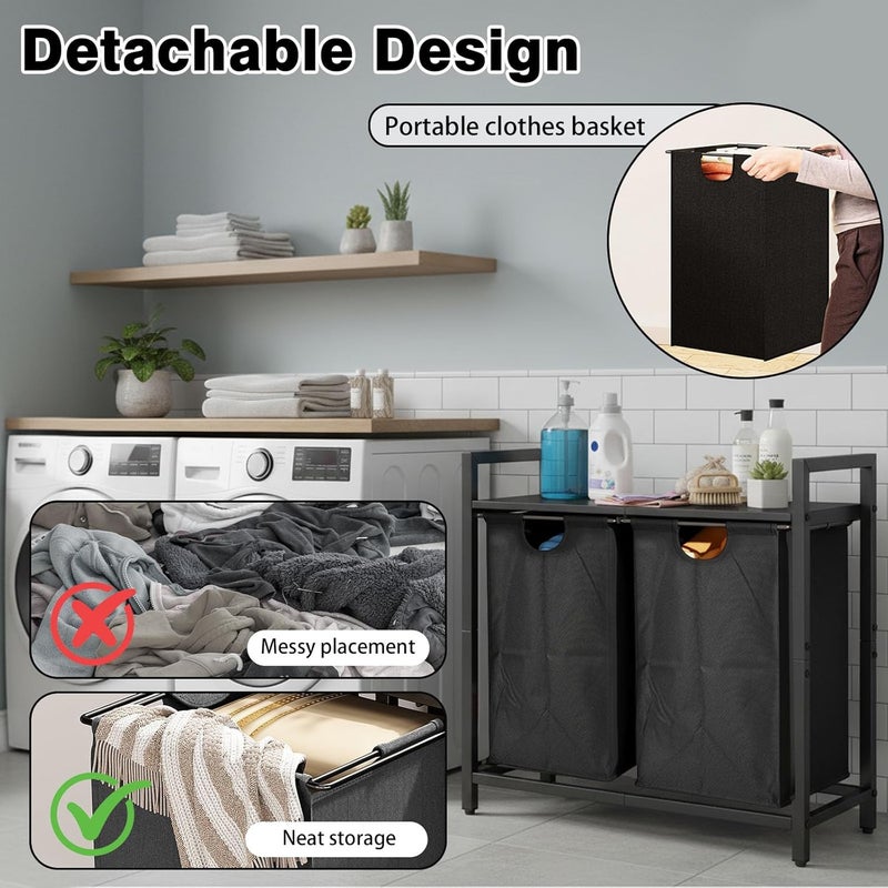 LEEWAS Laundry Basket Clothes Hamper,45L,2 Sections Clothe Sorter Bin,Foldable Waterproof Organizer Bag with Large Top Shelf,Aluminum Frame,for Bathroom Washroom Bedroom,Black - Image 3
