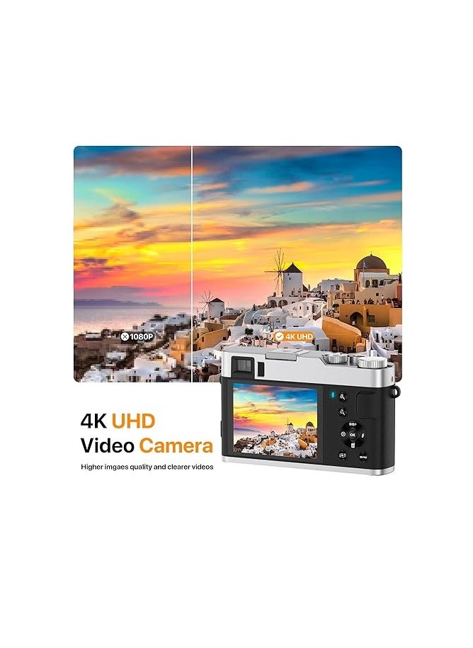 4K Digital Camera for Photography, Autofocus with Viewfinder 16X Anti-Shake Video Vlogging YouTube Compact Point and Shoot Cameras 32GB SD Card