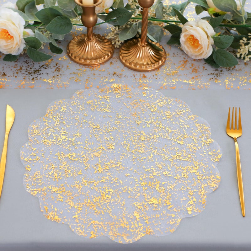Snowkingdom Gold Placemats Set of 50, Gold Metallic Mesh Glitter Foil with Floral Comb 13 Inch Round Disposable Coasters for Dining Table Fall Wedding Birthday Party Thanksgiving - Image 1