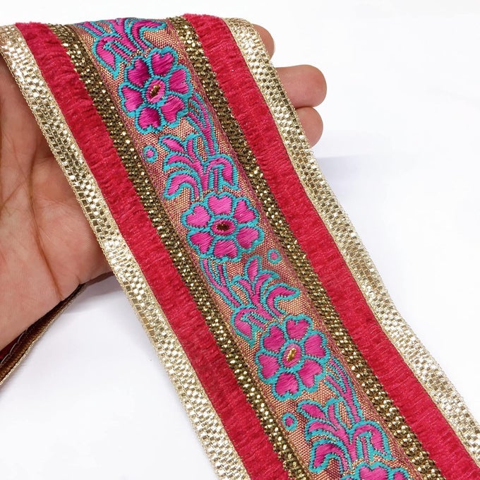 9 METER PINK & RED WITH GOLDEN BORDER FLOWER DESIGN WEAVING WORK LACE WITH GOLDEN ZARI WORK, BANARASI SAREE LACE BORDER TRIM, BRIDAL LEHENGA DUPATTA SUIT ANARKALI, INDIAN FASHION ACCESSORIES