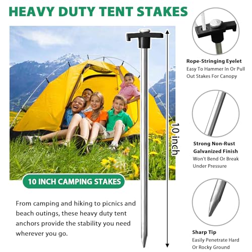 Eurmax USA Galvanized Non-Rust Camping Family Tent Pop Up Tent Stakes Canopy Anchors Heavy Duty 10pc-Pack, with 4x10ft Ropes & 1 Stopper(Black) - Image 3