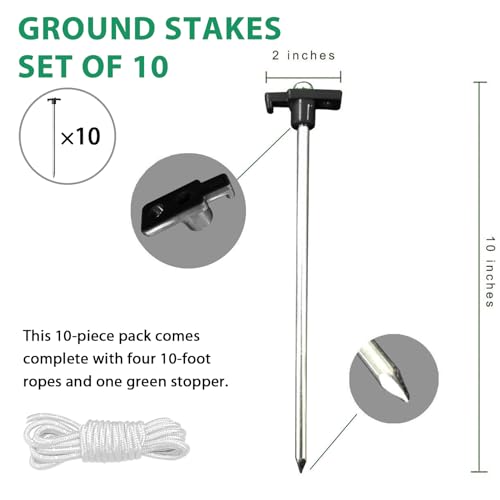 Eurmax USA Galvanized Non-Rust Camping Family Tent Pop Up Tent Stakes Canopy Anchors Heavy Duty 10pc-Pack, with 4x10ft Ropes & 1 Stopper(Black) - Image 2