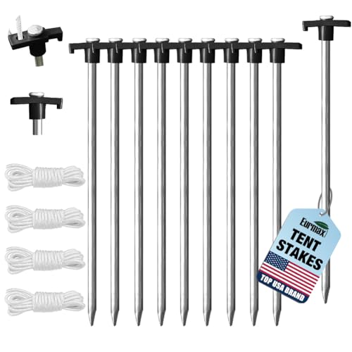 Eurmax USA Galvanized Non-Rust Camping Family Tent Pop Up Tent Stakes Canopy Anchors Heavy Duty 10pc-Pack, with 4x10ft Ropes & 1 Stopper(Black) - Image 1