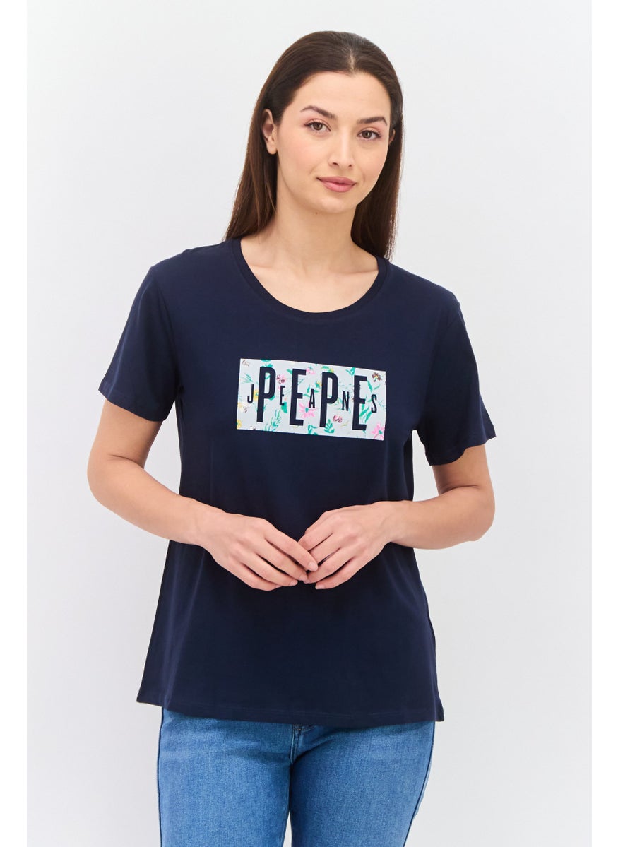 Pepe Jeans Women Crew Neck Short Sleeve Graphic T-Shirt, Navy Combo  - Image 1
