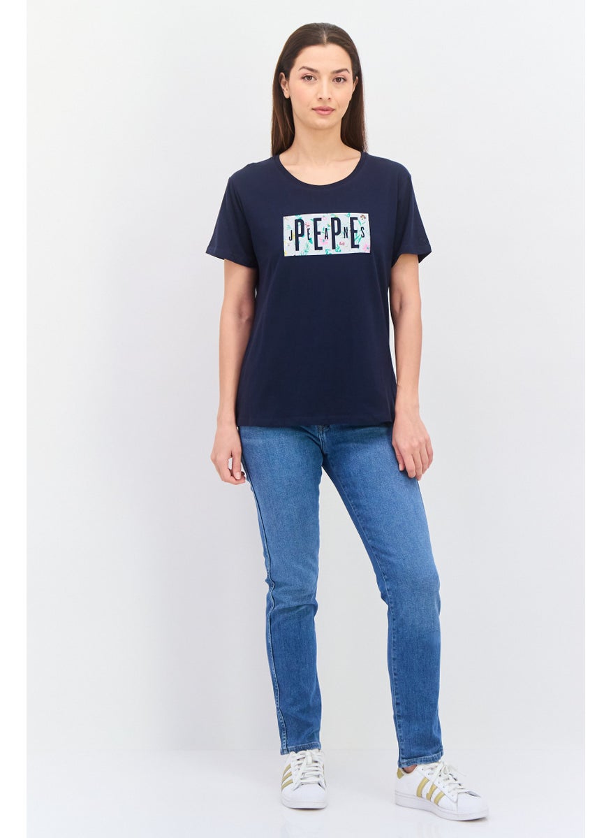 Pepe Jeans Women Crew Neck Short Sleeve Graphic T-Shirt, Navy Combo  - Image 4