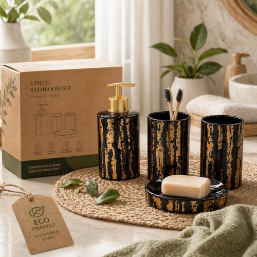 Whizzo® Ceramic Bathroom Accessories Set Ceramic - 4 Pieces Bathroom Accessories Set Soap Dispenser, Toothbrush Holder, Tumbler, Soap Dish, The Best Gifting Choice (BS-810, Black) - Image 3