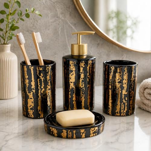 Whizzo® Ceramic Bathroom Accessories Set Ceramic - 4 Pieces Bathroom Accessories Set Soap Dispenser, Toothbrush Holder, Tumbler, Soap Dish, The Best Gifting Choice (BS-810, Black) - Image 1
