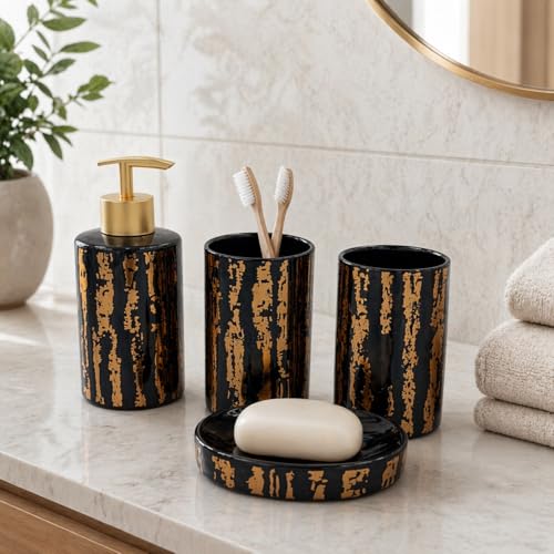 Whizzo® Ceramic Bathroom Accessories Set Ceramic - 4 Pieces Bathroom Accessories Set Soap Dispenser, Toothbrush Holder, Tumbler, Soap Dish, The Best Gifting Choice (BS-810, Black) - Image 5