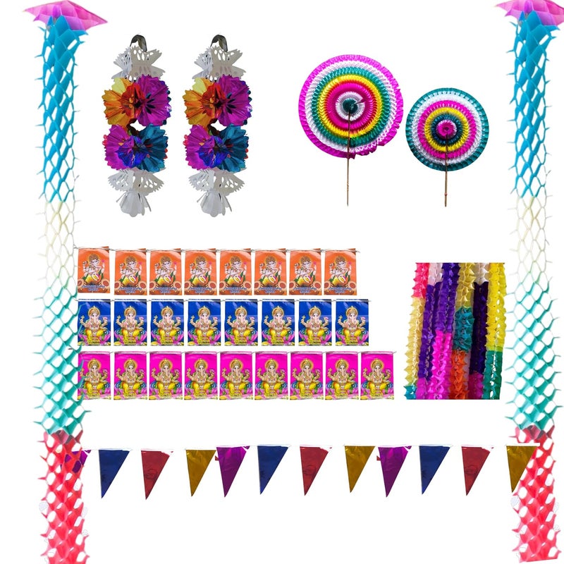 GOVAVI Ganesha festival Ganesha chaturthi Decoration Items Set of Multicolor Papers Bunting Multicolor Ganesh photo papers Bunting Fans Paper Sheets Paper Chain Garlands Flower Garlands - Image 1