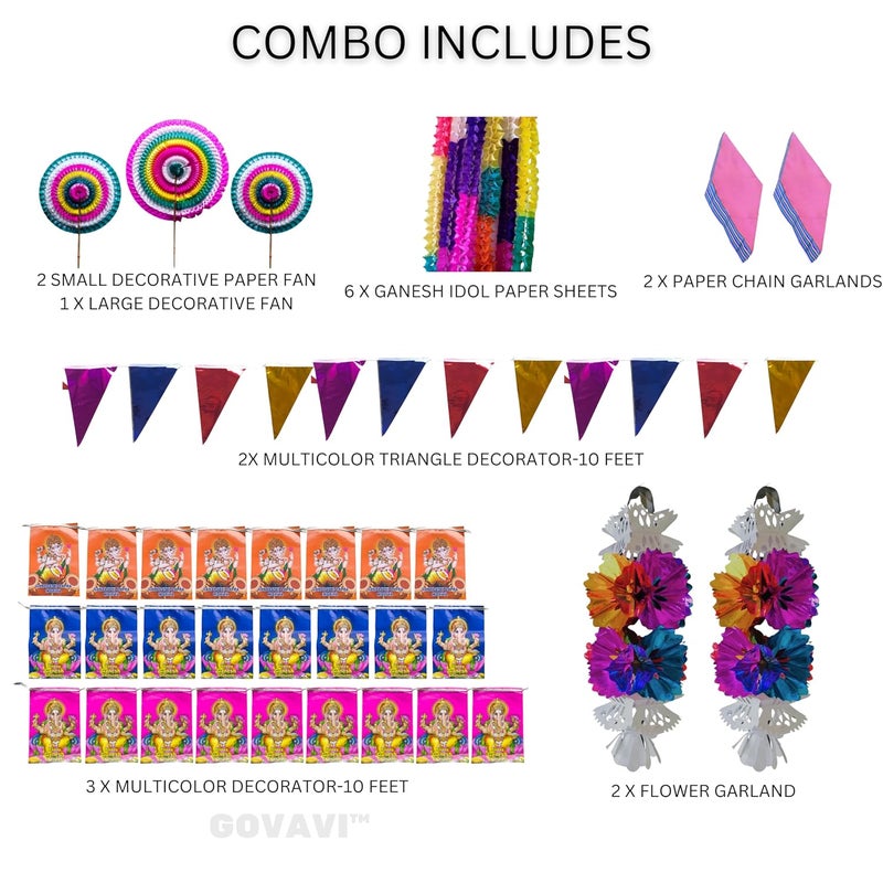 GOVAVI Ganesha festival Ganesha chaturthi Decoration Items Set of Multicolor Papers Bunting Multicolor Ganesh photo papers Bunting Fans Paper Sheets Paper Chain Garlands Flower Garlands - Image 2