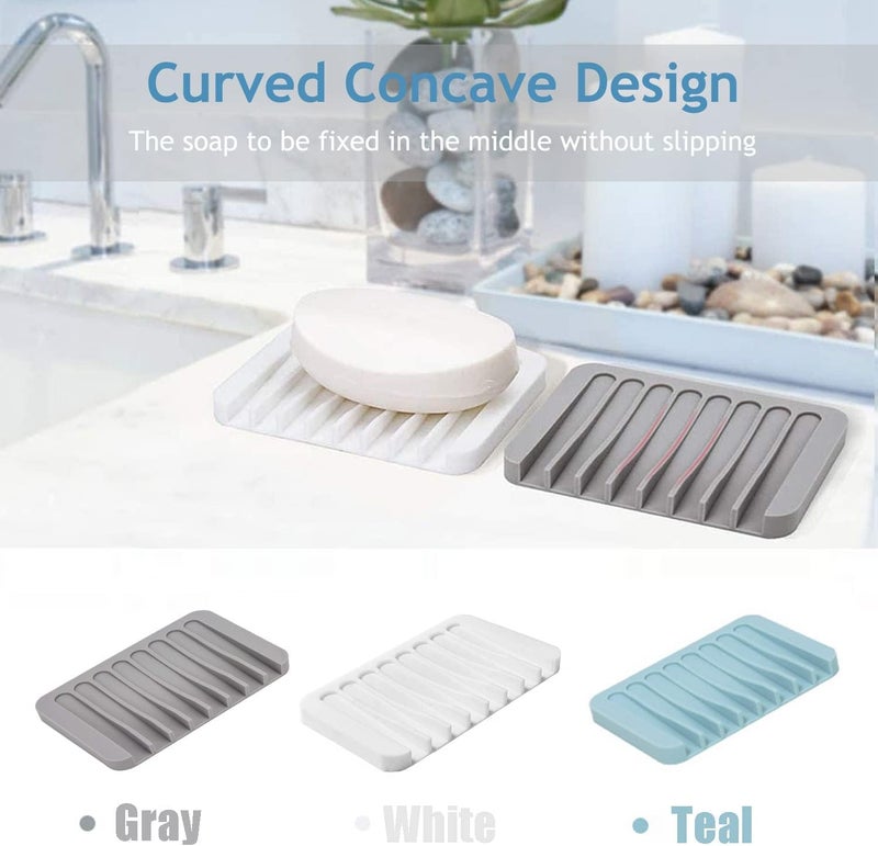 STORE 2508 Store2508 Pack of 3 Silicone Self Draining Soap Dish Holder for Bathroom Kitchen Grey White Teal - Image 4