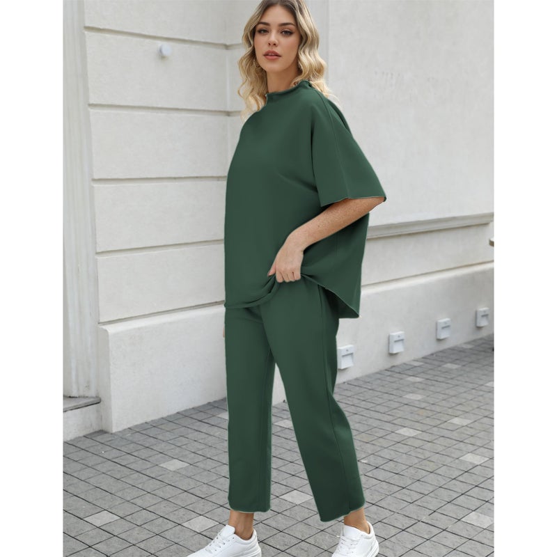 SeeLuNa Women's Two Piece Outfits 3/4 Batwing Sleeve Capelet Crew Neck Pullover Top Wide Leg Pants Lounge Set(Dark Green,M) - Image 4